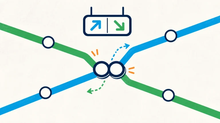 Illustration of two subway lines meeting at a transfer station