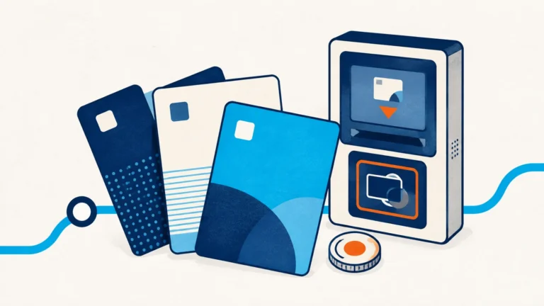 Illustration of transit cards and a card top-up machine in Korea
